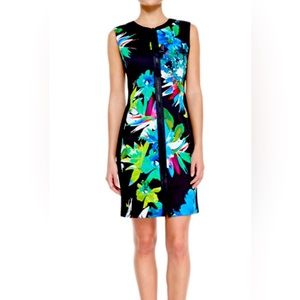 Elie Tahari printed floral dress with solid side panels, zip front, size 12.